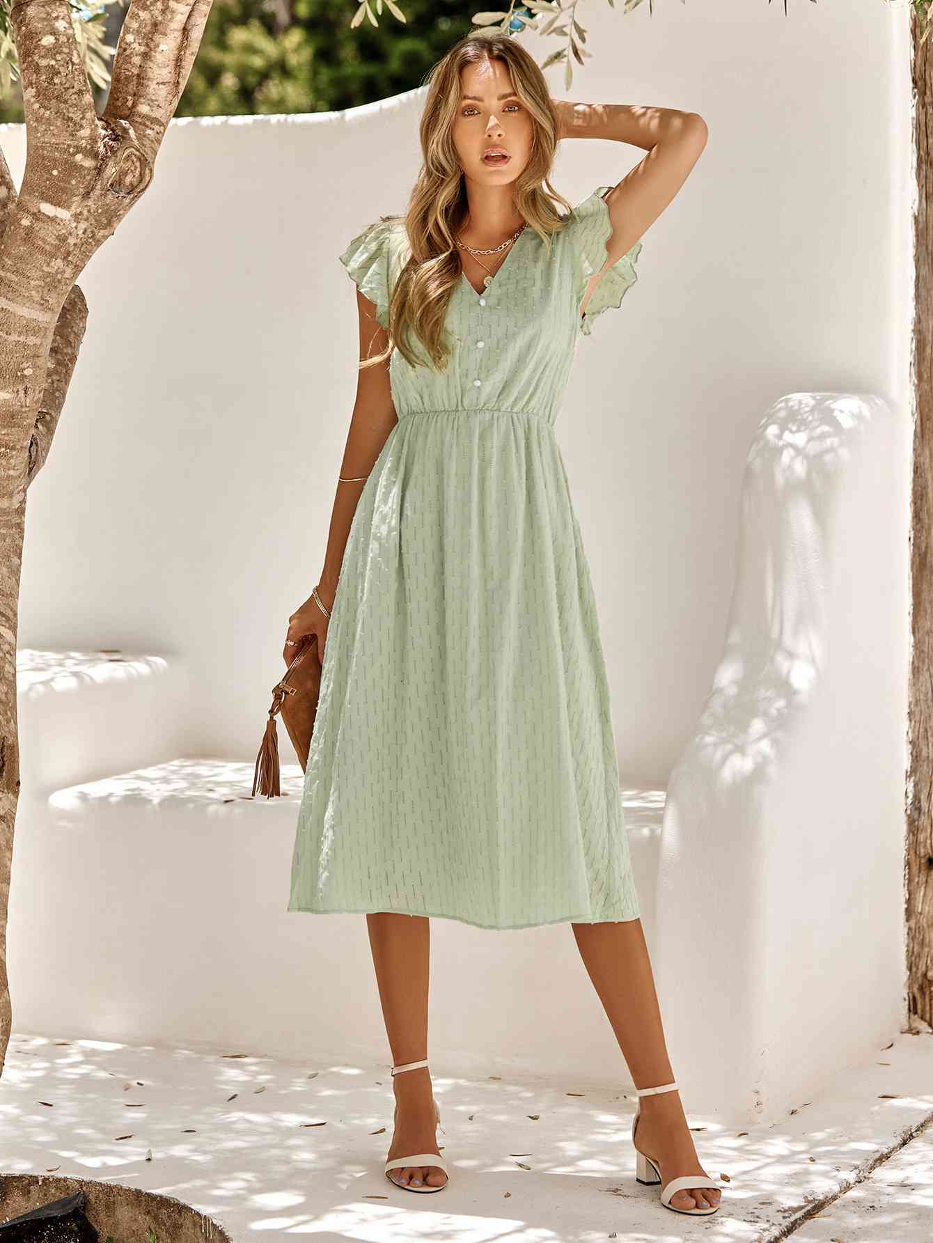 V-Neck Flutter Sleeve Midi Dress - Sydney So Sweet