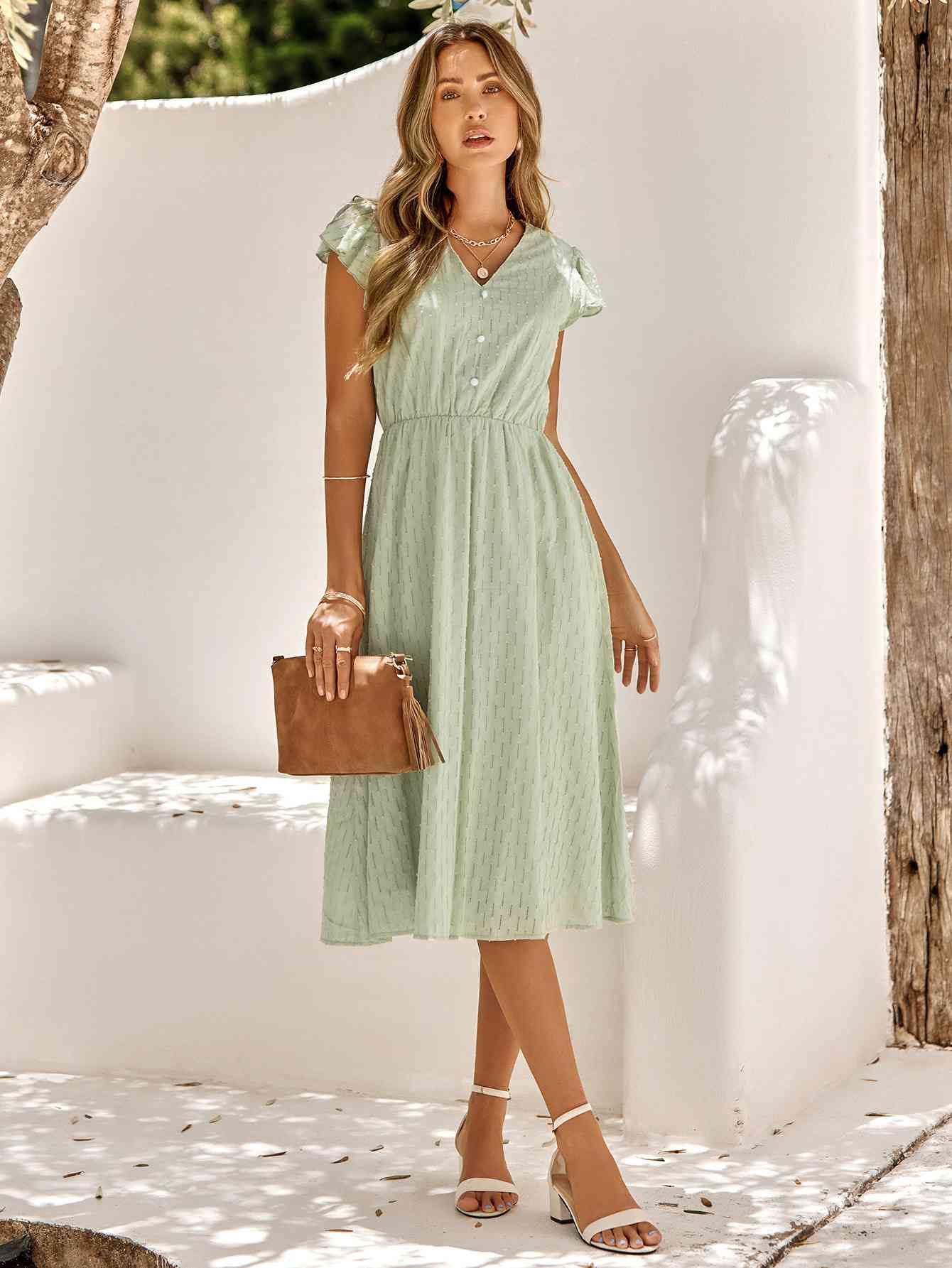 V-Neck Flutter Sleeve Midi Dress - Sydney So Sweet