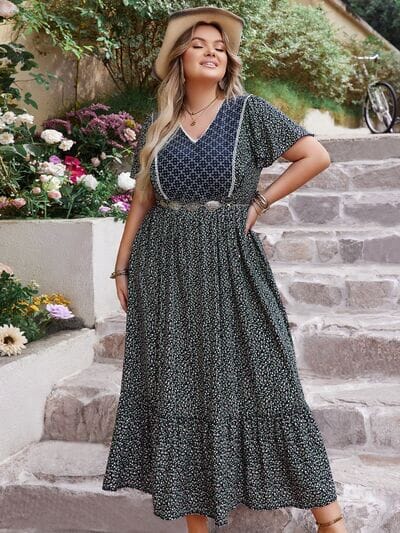 Plus Size Printed V-Neck Flutter Sleeve Midi Dress - Sydney So Sweet