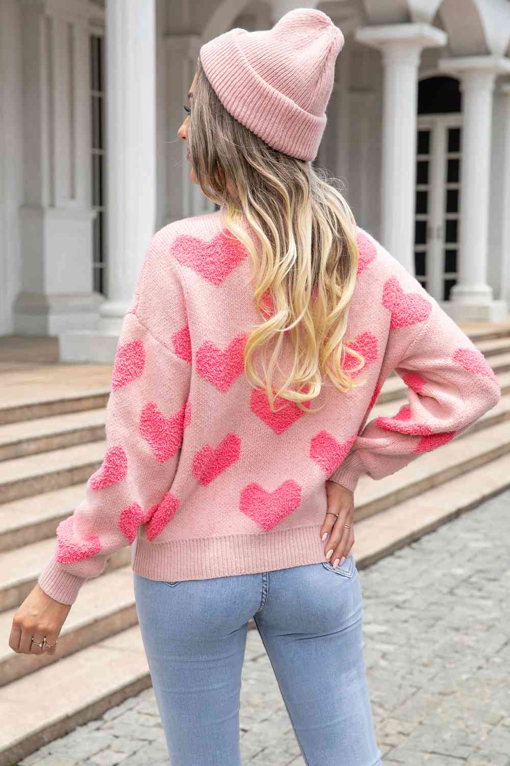 Round Neck Dropped Shoulder Heart Sweater - Sydney So Sweet