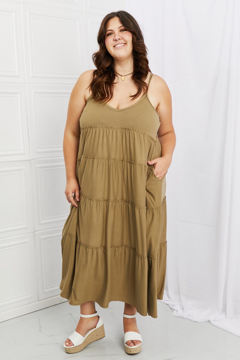 Zenana Full Size Spaghetti Strap Tiered Dress with Pockets in Khaki - Sydney So Sweet