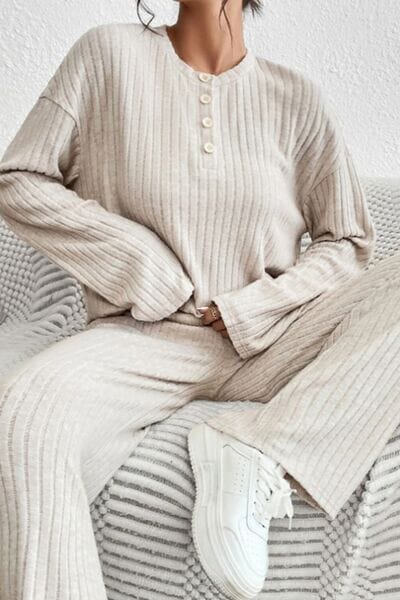 Ribbed Half Button Knit Top and Pants Set - Sydney So Sweet