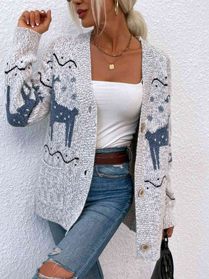 Reindeer Button Down Cardigan with Pockets - Sydney So Sweet