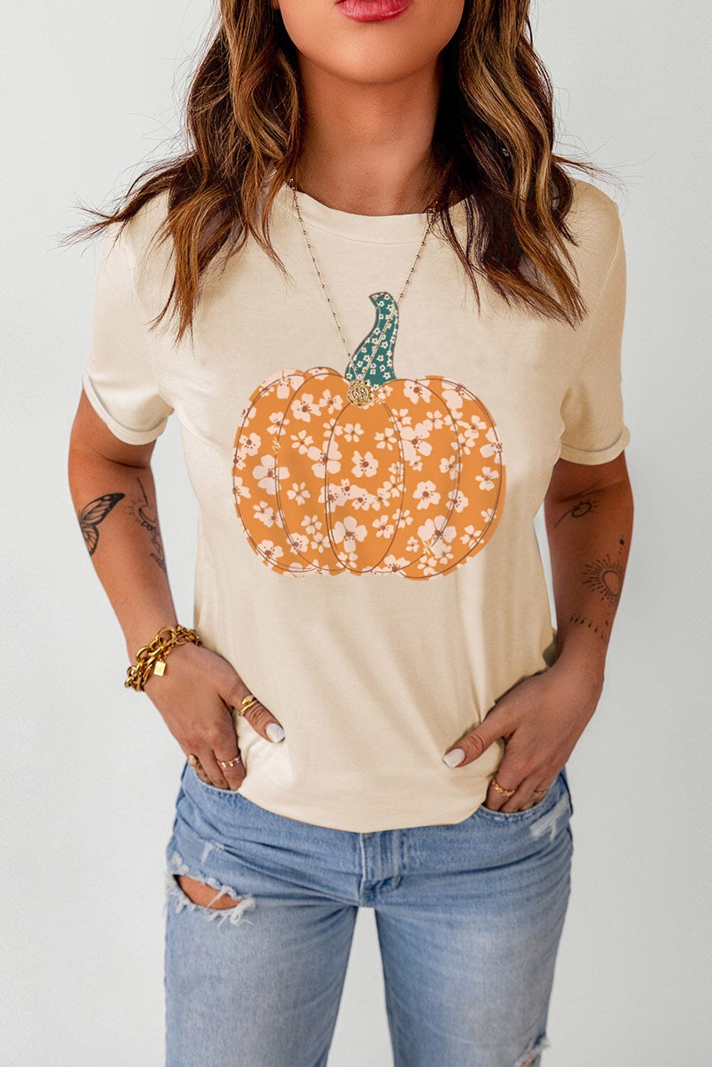 Floral Pumpkin Graphic Cuffed Sleeve T-Shirt - Sydney So Sweet