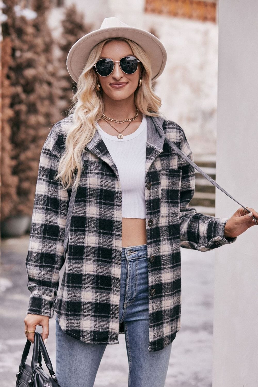 Plaid Dropped Shoulder Hooded Longline Jacket - Sydney So Sweet