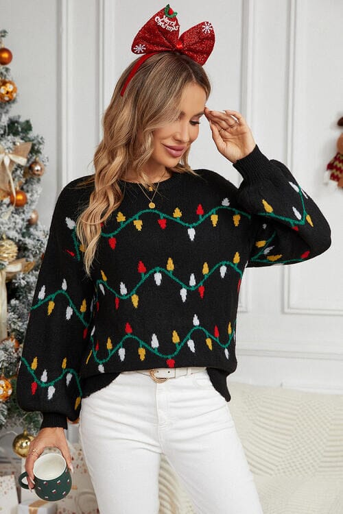 Round Neck Pattern Lantern Sleeve Sweater - Sydney So Sweet