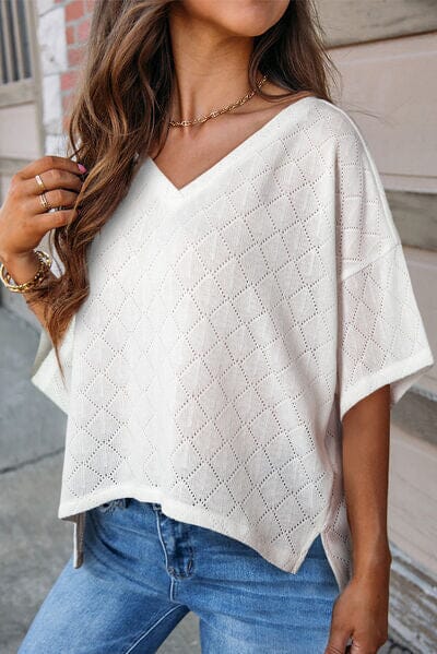 Eyelet V-Neck Dropped Shoulder Top - Sydney So Sweet