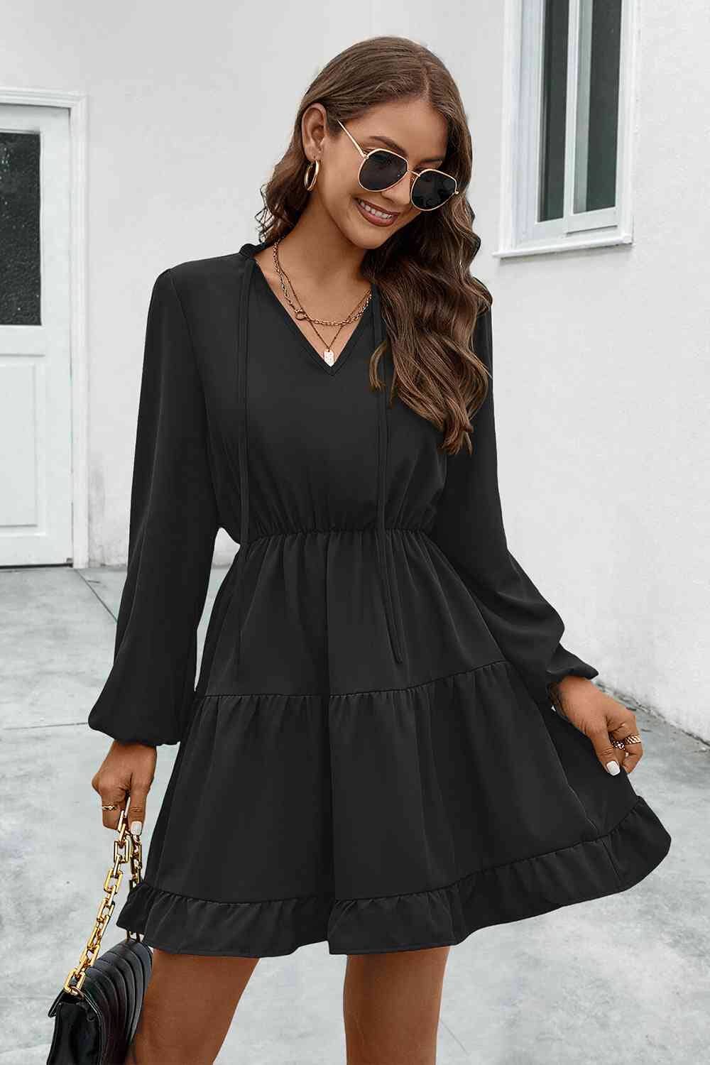 V-Neck Tie Neck Long Sleeve Dress - Sydney So Sweet