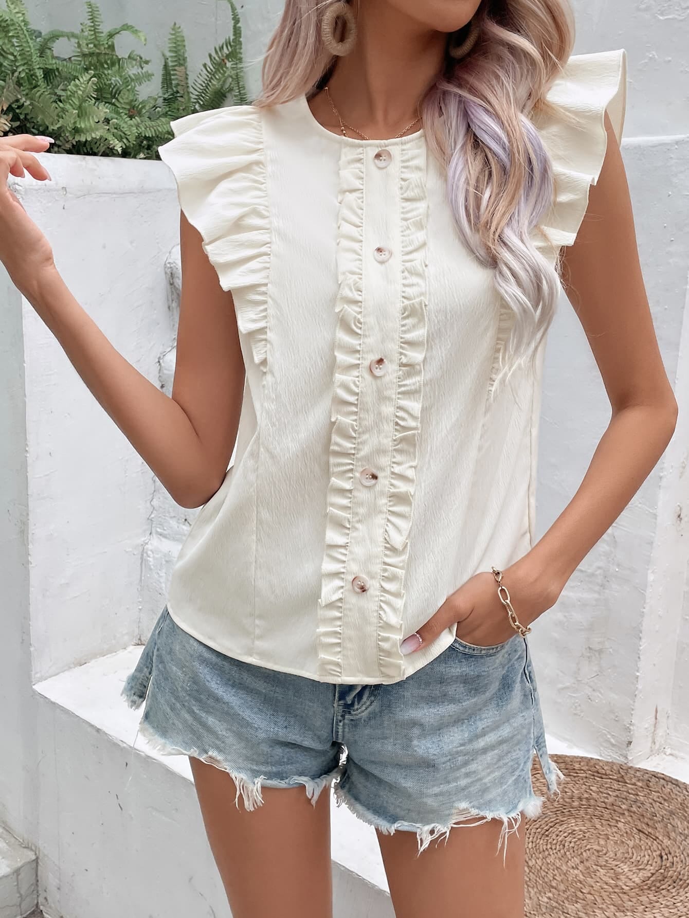 Decorative Button Frill Trim Round Neck Top - Sydney So Sweet