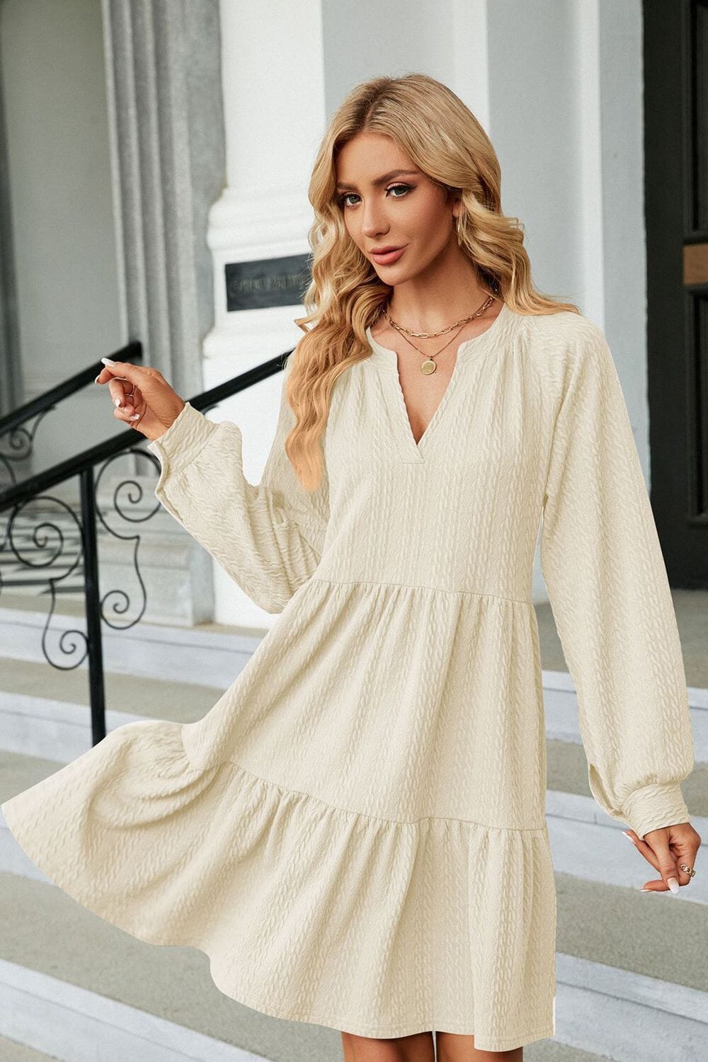 Notched Neck Long Sleeve Mini Dress - Sydney So Sweet