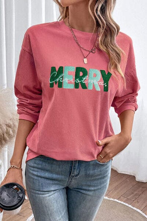 MERRY CHRISTMAS Pink Ribbed Sweatshirt - Sydney So Sweet