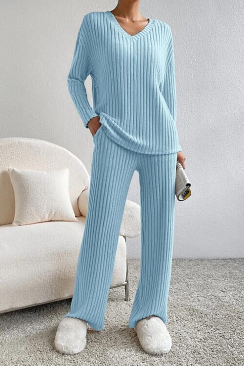 Ribbed V-Neck Top and Pants Set - Sydney So Sweet