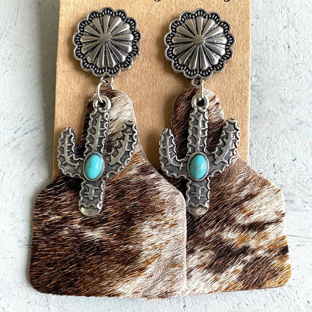 Turquoise Decor Cactus Alloy Earrings - Sydney So Sweet