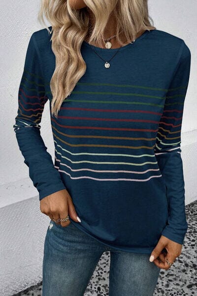 Striped Round Neck Long Sleeve Top - Sydney So Sweet