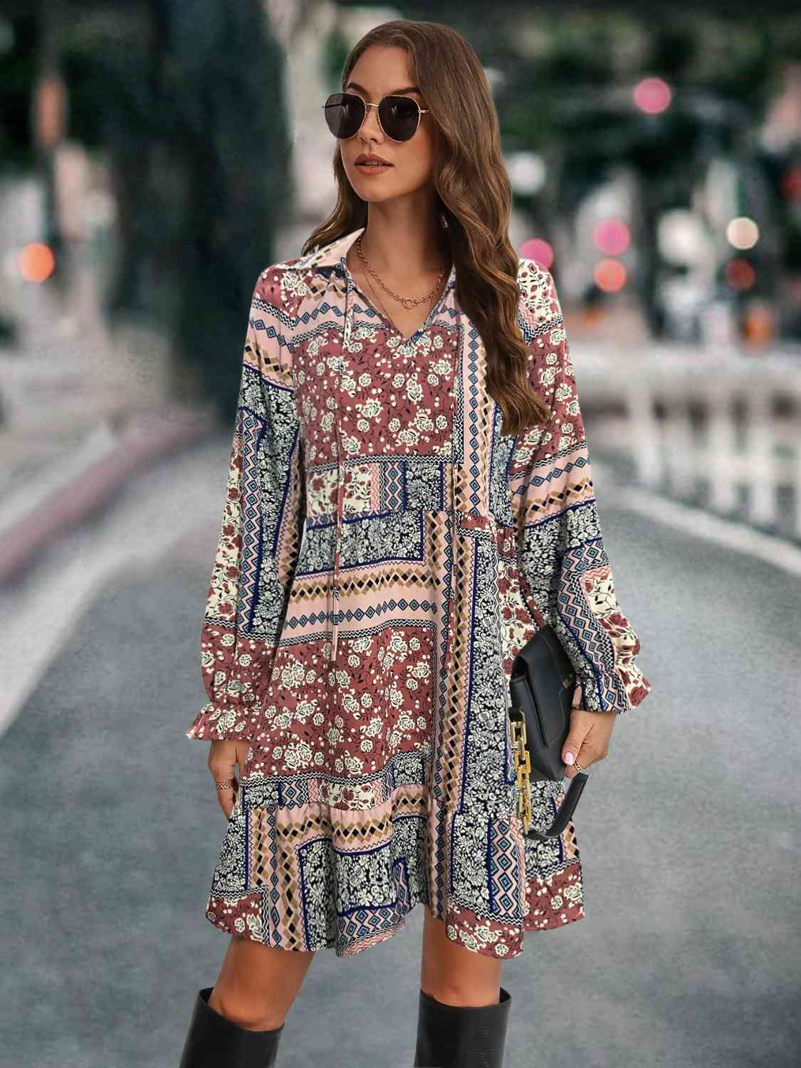 Printed Tie Front Flounce Sleeve Dress - Sydney So Sweet