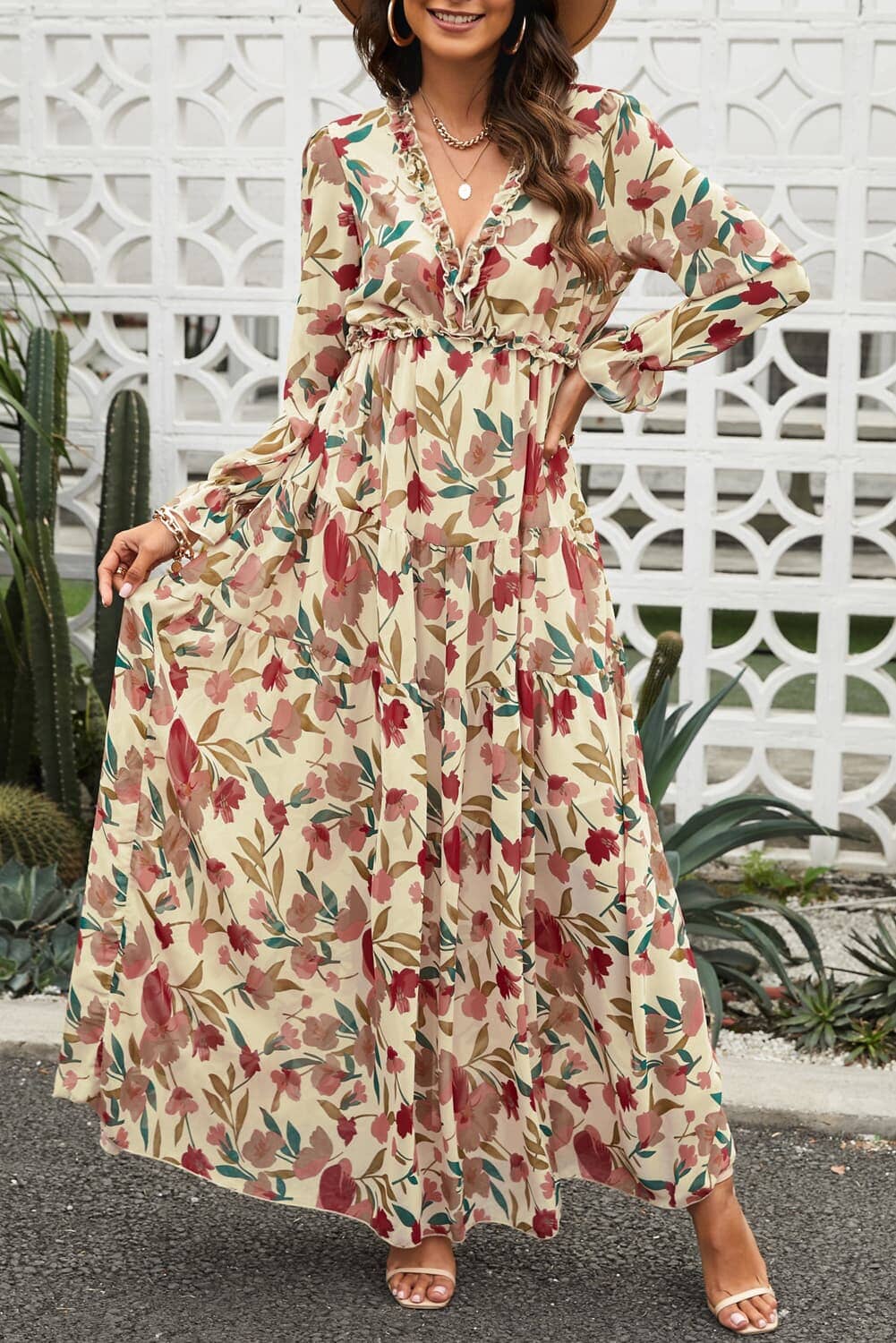 Floral Frill Trim Flounce Sleeve Plunge Maxi Dress - Sydney So Sweet