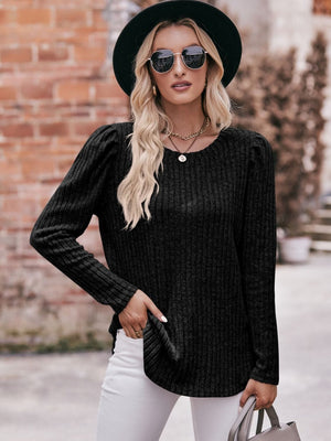 Round Neck Puff Sleeve Ribbed Top - Sydney So Sweet