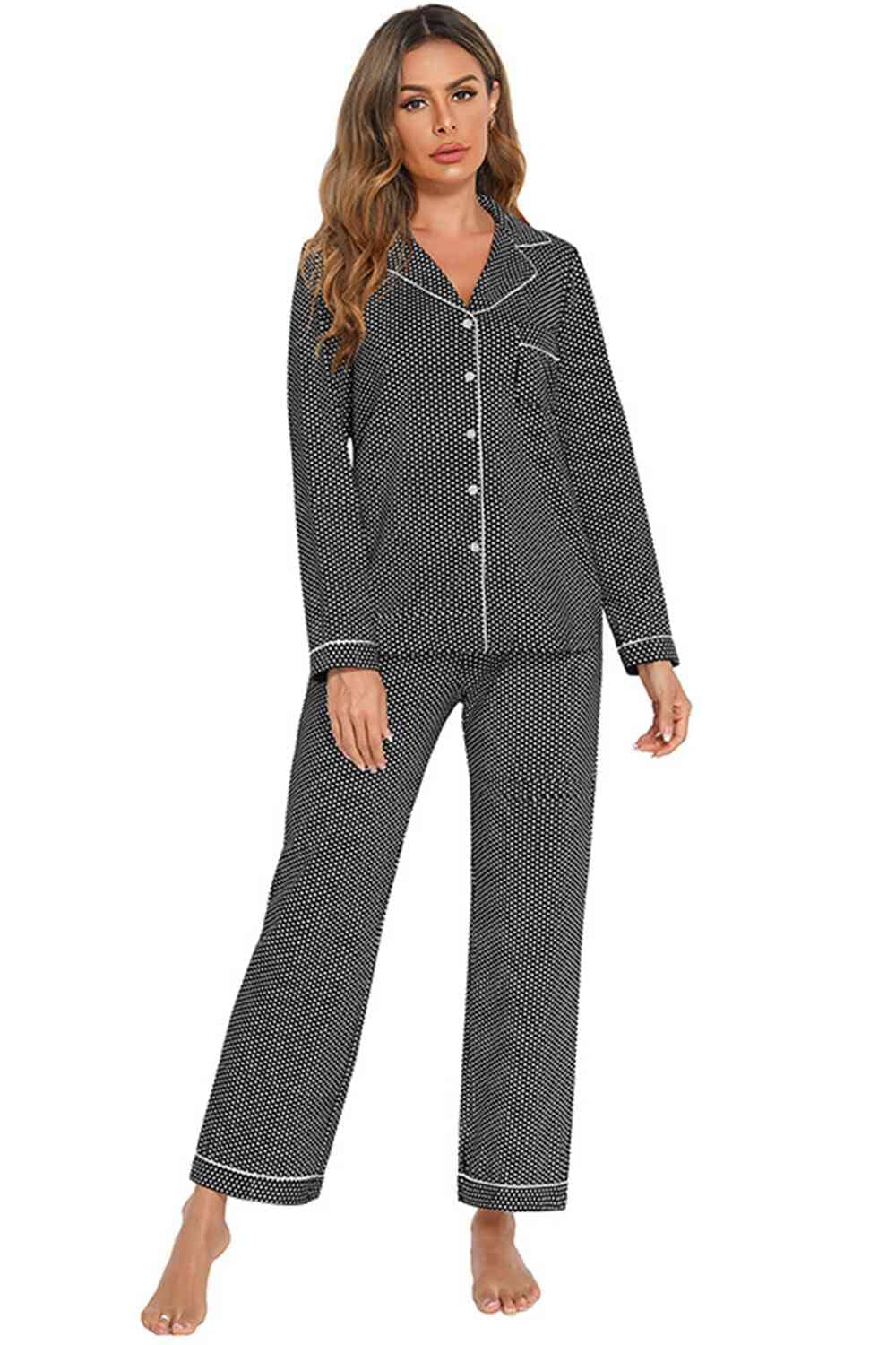 Collared Neck Loungewear Set with Pocket - Sydney So Sweet