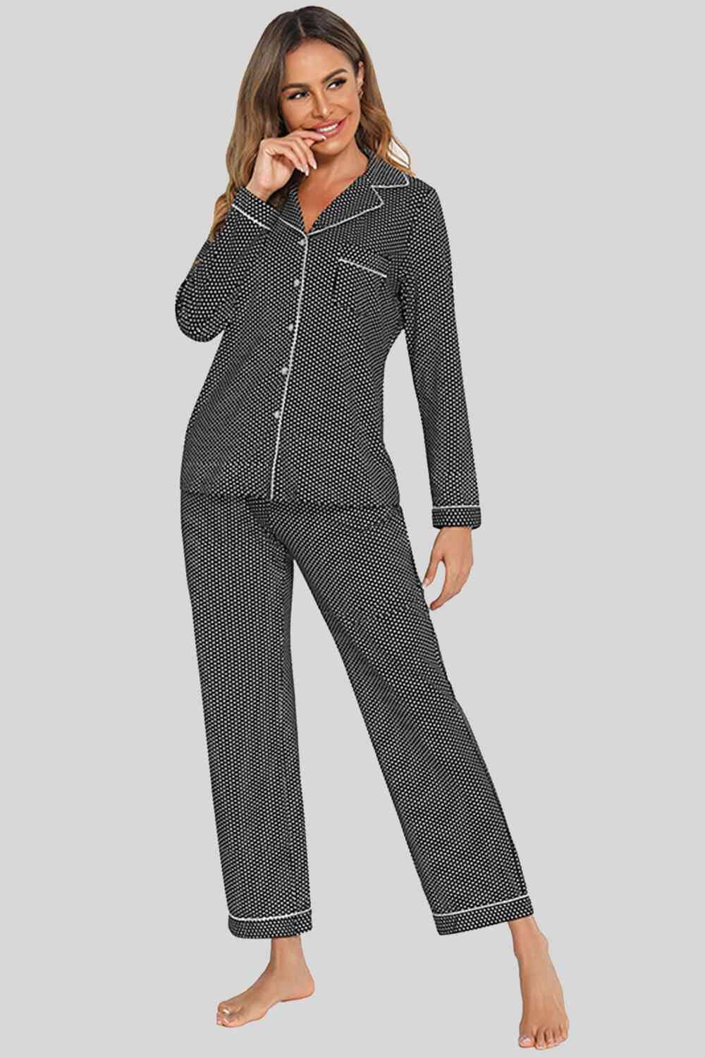 Collared Neck Loungewear Set with Pocket - Sydney So Sweet