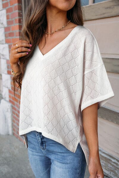 Eyelet V-Neck Dropped Shoulder Top - Sydney So Sweet