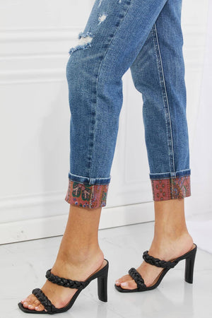 Judy Blue Gina Full Size Mid Rise Paisley Patch Cuff Boyfriend Jeans - Sydney So Sweet
