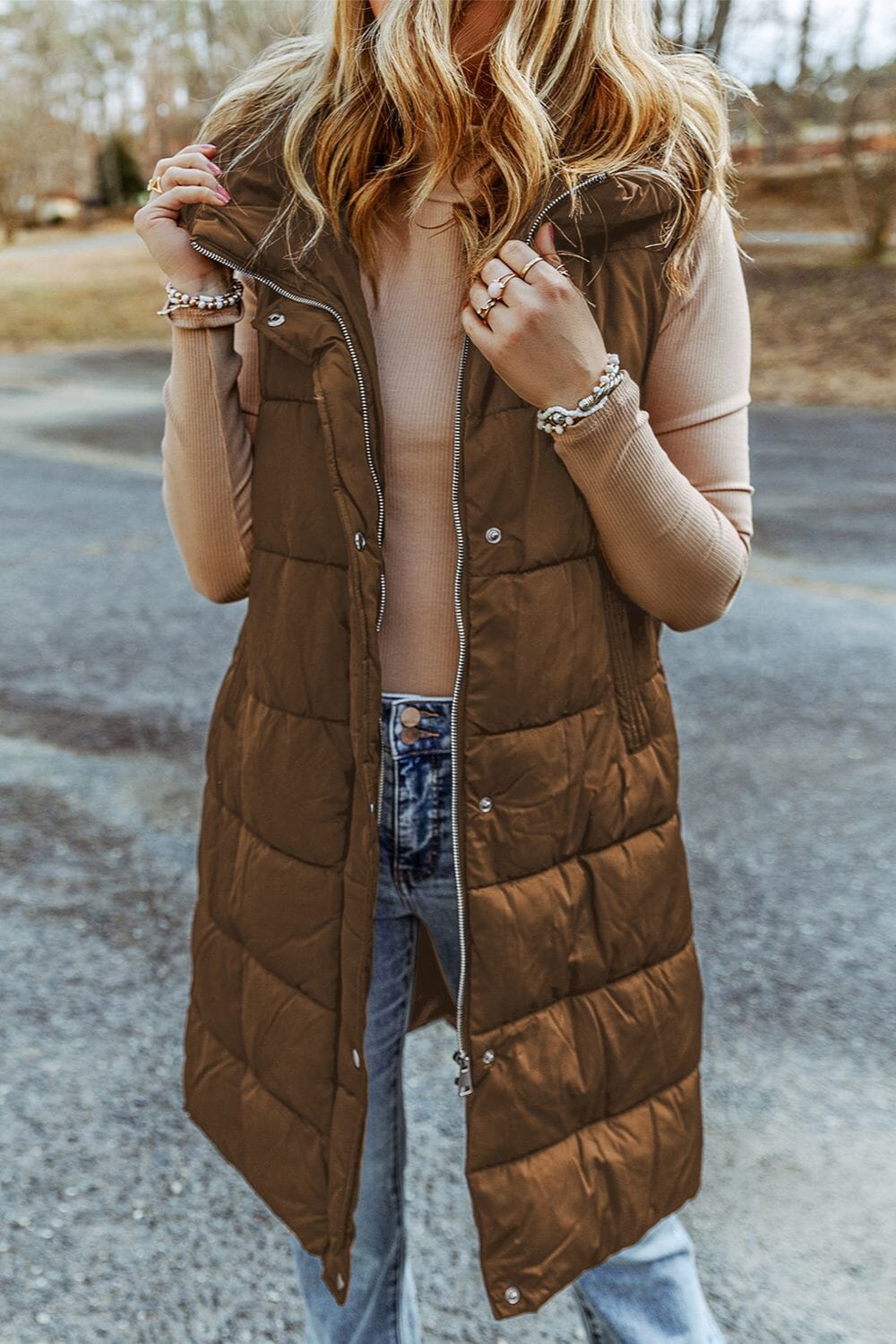 Longline Hooded Sleeveless Puffer Vest - Sydney So Sweet