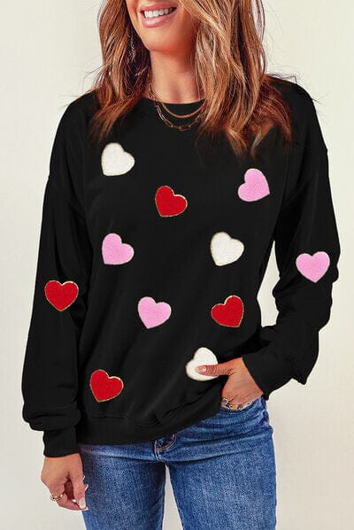 Heart Round Neck Dropped Shoulder Sweatshirt - Sydney So Sweet