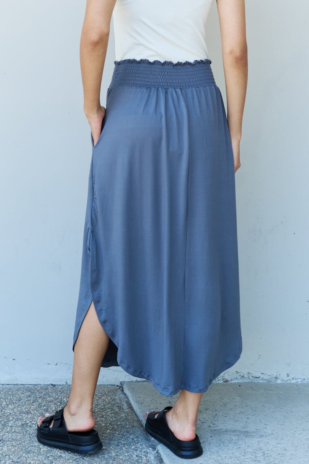 Full Size High Waist Scoop Hem Maxi Skirt in Dusty Blue - Sydney So Sweet