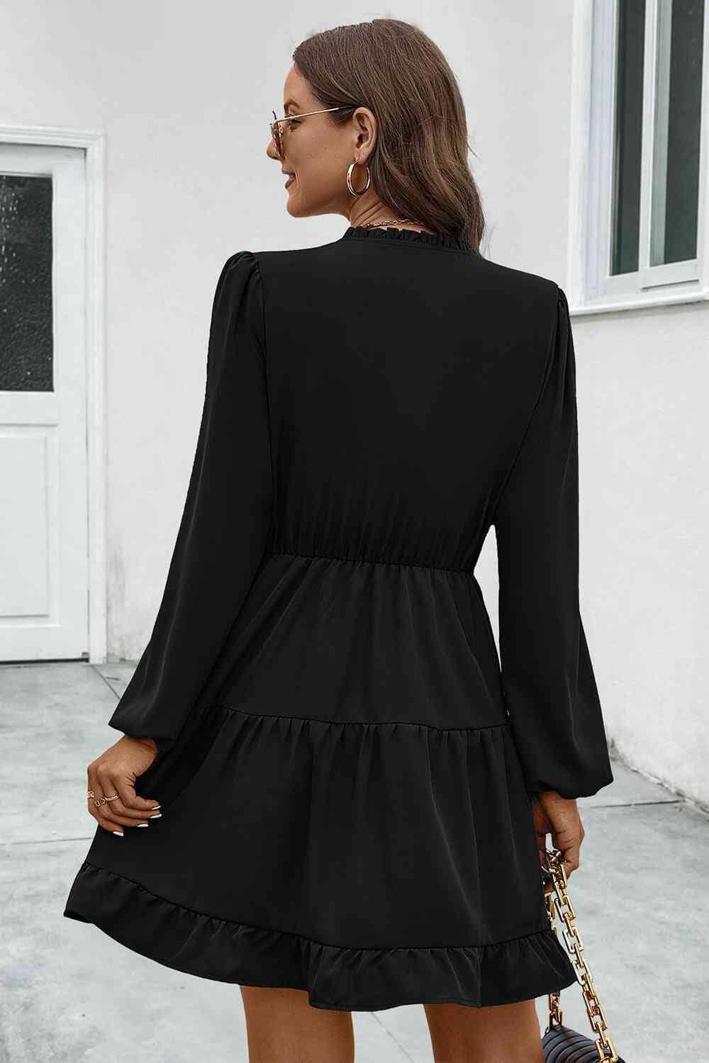 V-Neck Tie Neck Long Sleeve Dress - Sydney So Sweet