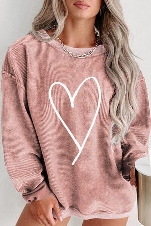 Plus Size Heart Ribbed Round Neck Sweatshirt - Sydney So Sweet