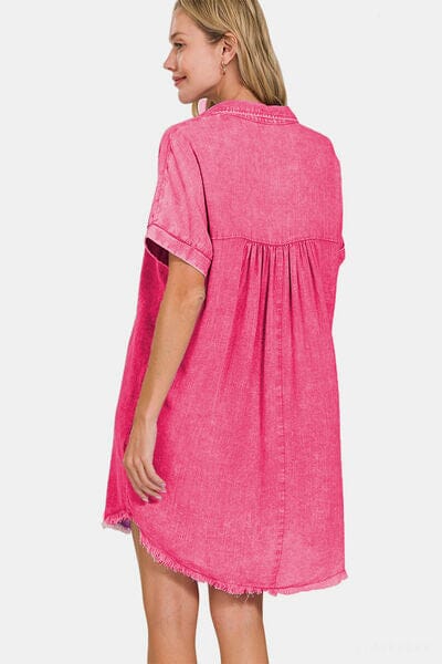 Zenana Washed Linen V-Neck Raw Hem Dress - Sydney So Sweet