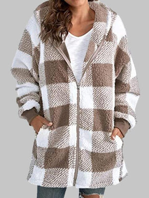 Plaid Zip-Up Hooded Jacket with Pockets - Sydney So Sweet