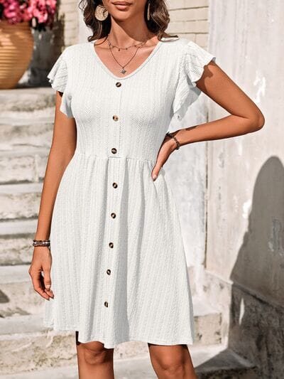 Decorative Button Ruffled V-Neck Dress - Sydney So Sweet