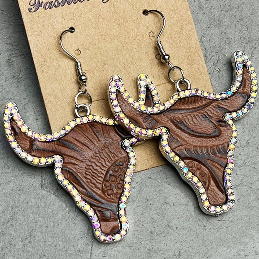 Rhinestone Trim Alloy Bull Earrings - Sydney So Sweet