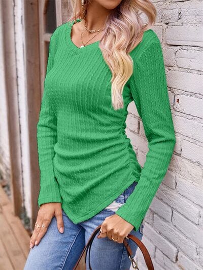 Textured Ruched V-Neck Long Sleeve Top - Sydney So Sweet