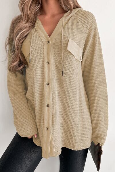 Waffle-Knit Button Up Drawstring Hoodie - Sydney So Sweet