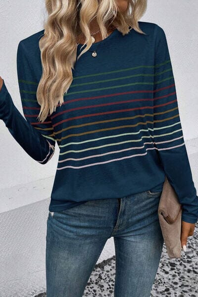 Striped Round Neck Long Sleeve Top - Sydney So Sweet