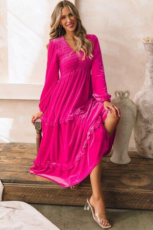 Frill V-Neck Balloon Sleeve Tiered Dress - Sydney So Sweet