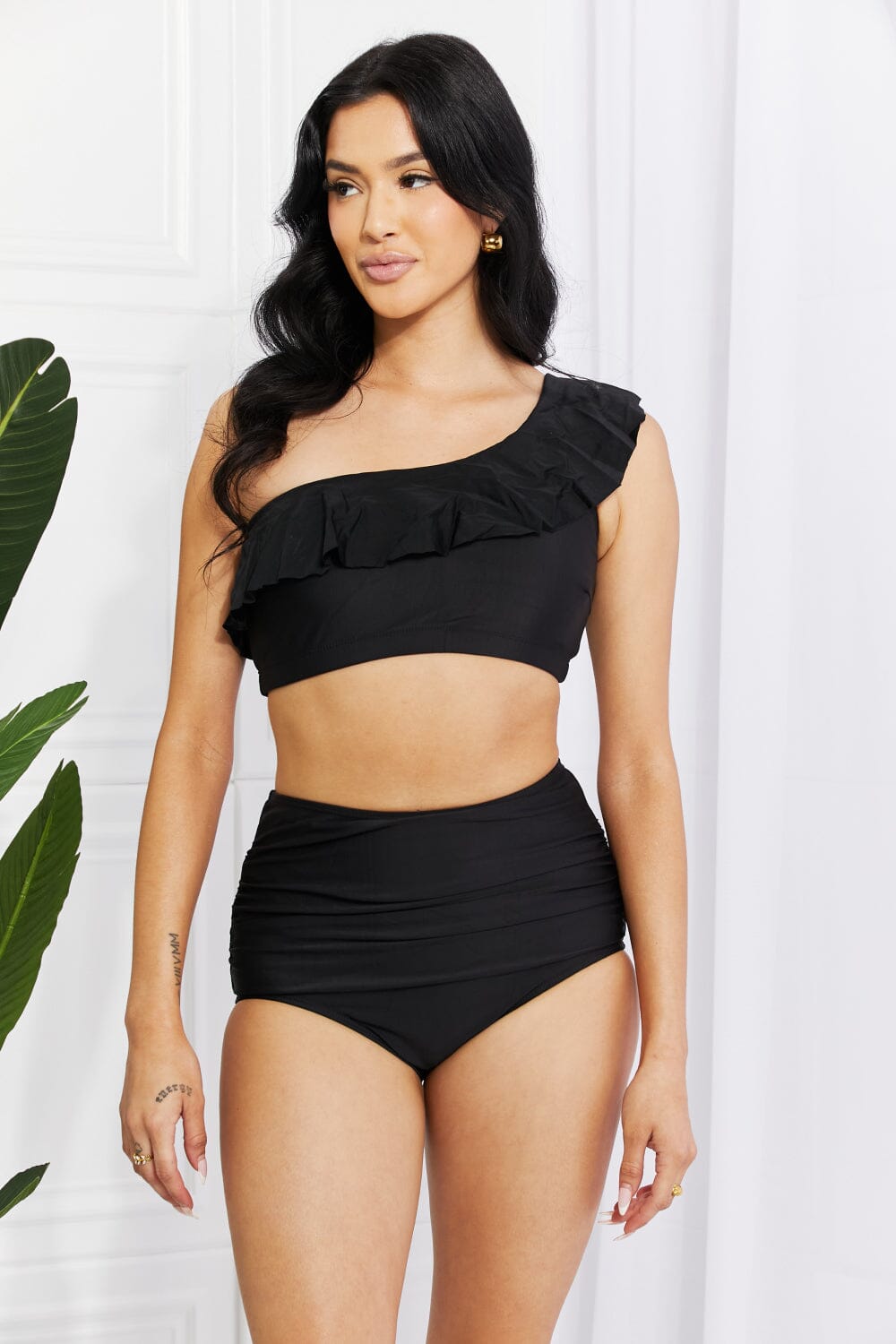 Marina West Swim Seaside Romance Ruffle One-Shoulder Bikini in Black - Sydney So Sweet