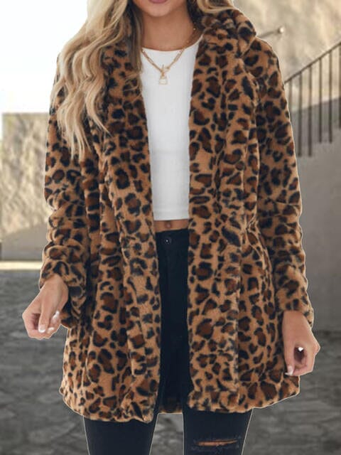 Leopard Collared Neck Coat with Pockets - Sydney So Sweet