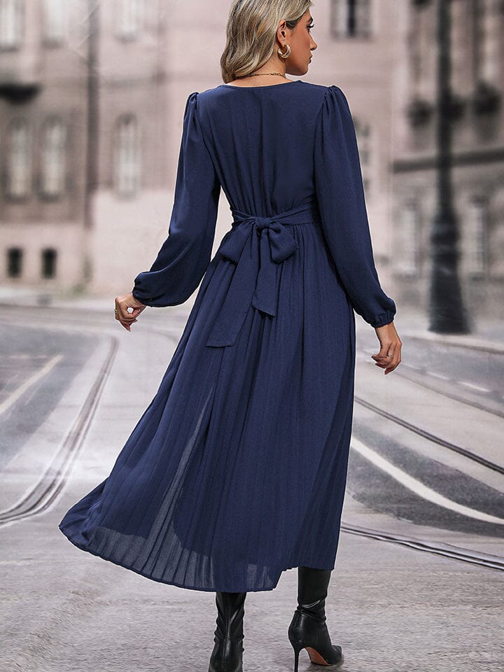 V-Neck Long Sleeve Pleated Slit Dress - Sydney So Sweet