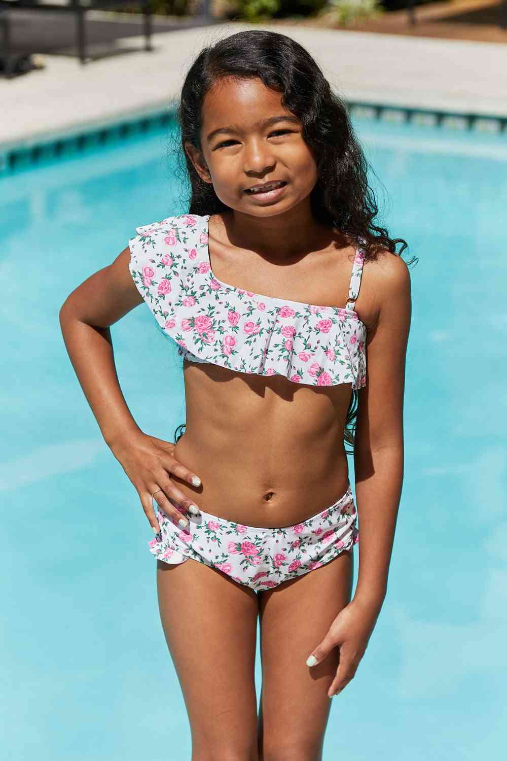 Float On Ruffle Two-Piece Girls Swim Set in Roses Off-White - Sydney So Sweet