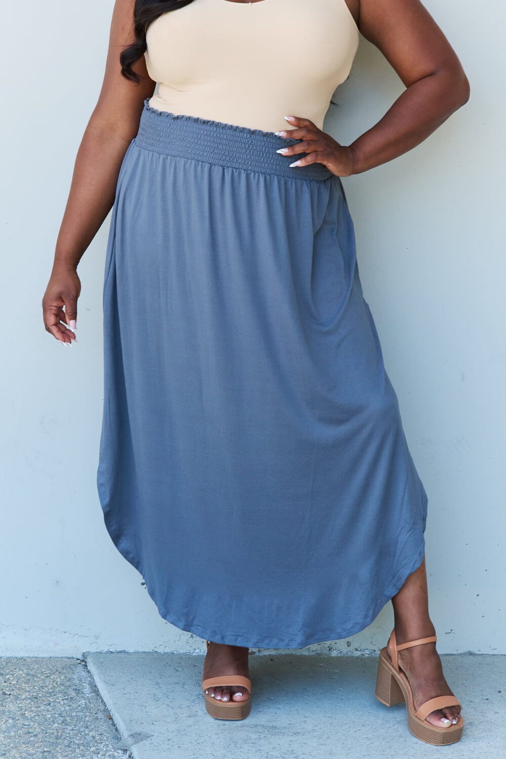 Full Size High Waist Scoop Hem Maxi Skirt in Dusty Blue - Sydney So Sweet