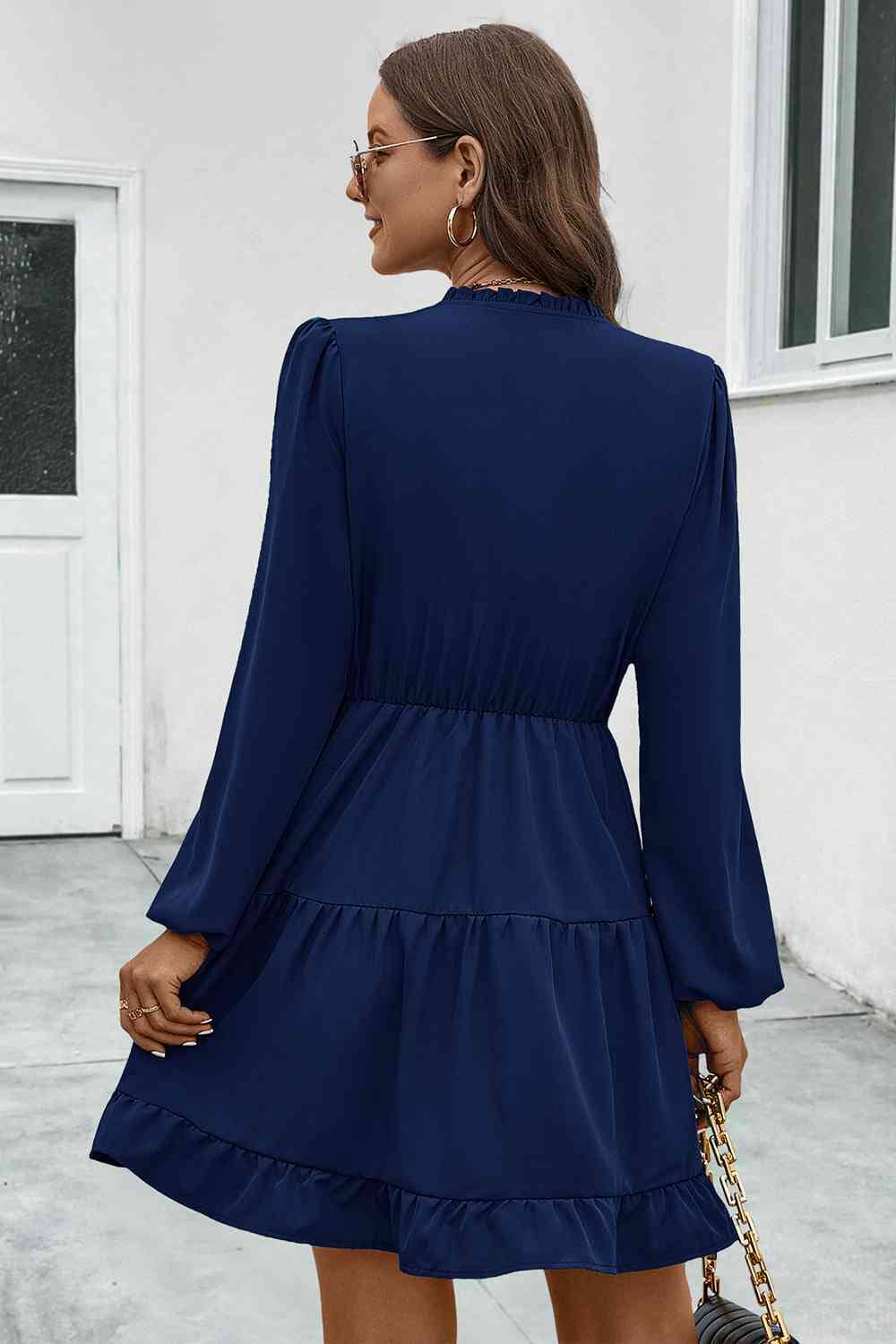 V-Neck Tie Neck Long Sleeve Dress - Sydney So Sweet