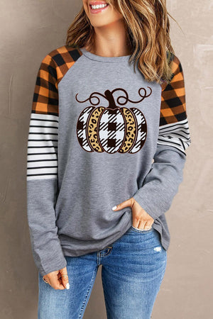 Pumpkin Plaid & Cheetah Long Sleeve Graphic Pullover - Sydney So Sweet