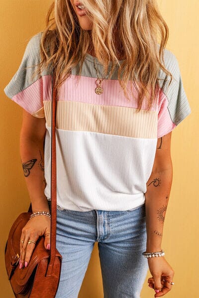 Color Block Round Neck Short Sleeve T-Shirt - Sydney So Sweet