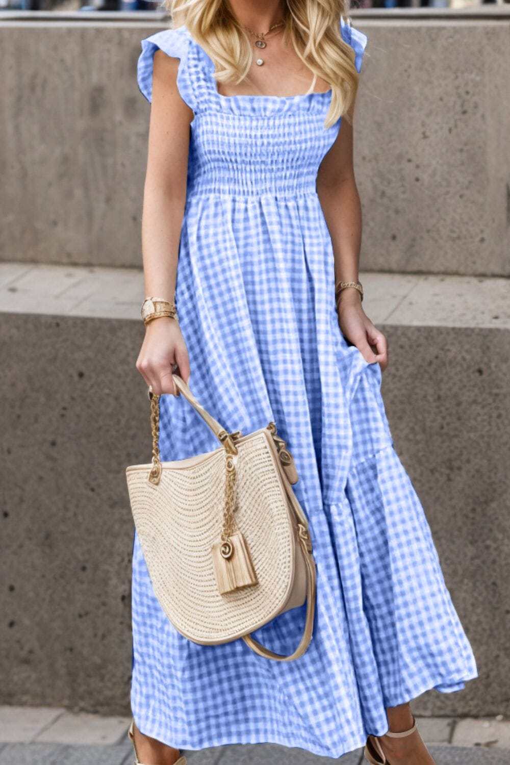 Full Size Smocked Ruffled Plaid Ruffle Hem Dress - Sydney So Sweet