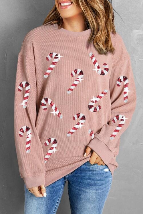 Sequin Candy Cane Round Neck Sweatshirt - Sydney So Sweet