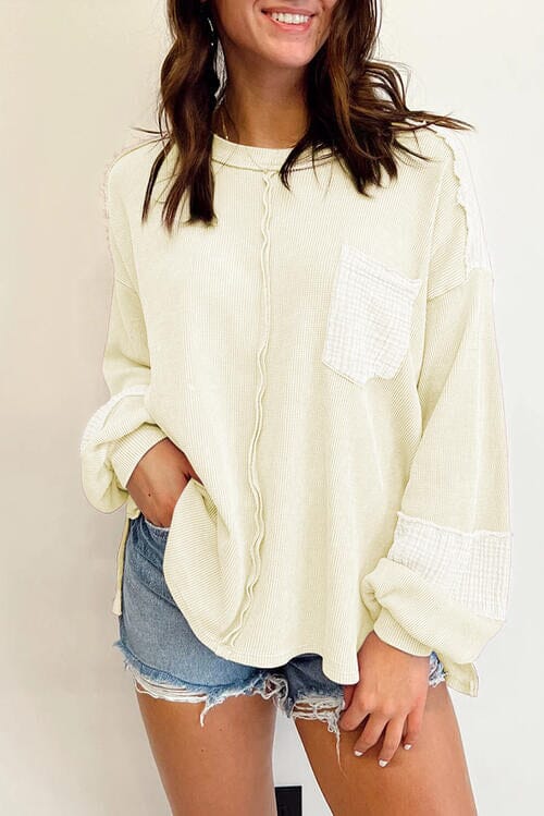 Waffle-Knit Exposed Seam Lantern Sleeve Blouse - Sydney So Sweet