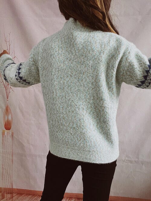 Geometric Mock Neck Dropped Shoulder Sweater - Sydney So Sweet